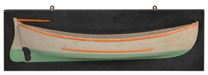 MOUNTED HALF HULL MODEL OF A MOTOR WHALEBOAT America, Circa 1920 Backboard 8.75" x 29".