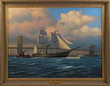 STAN STOKES (America, 1950-), "Vandalia-New York Harbor-Brooklyn Bridge"., Oil on canvas, 36" x 48".