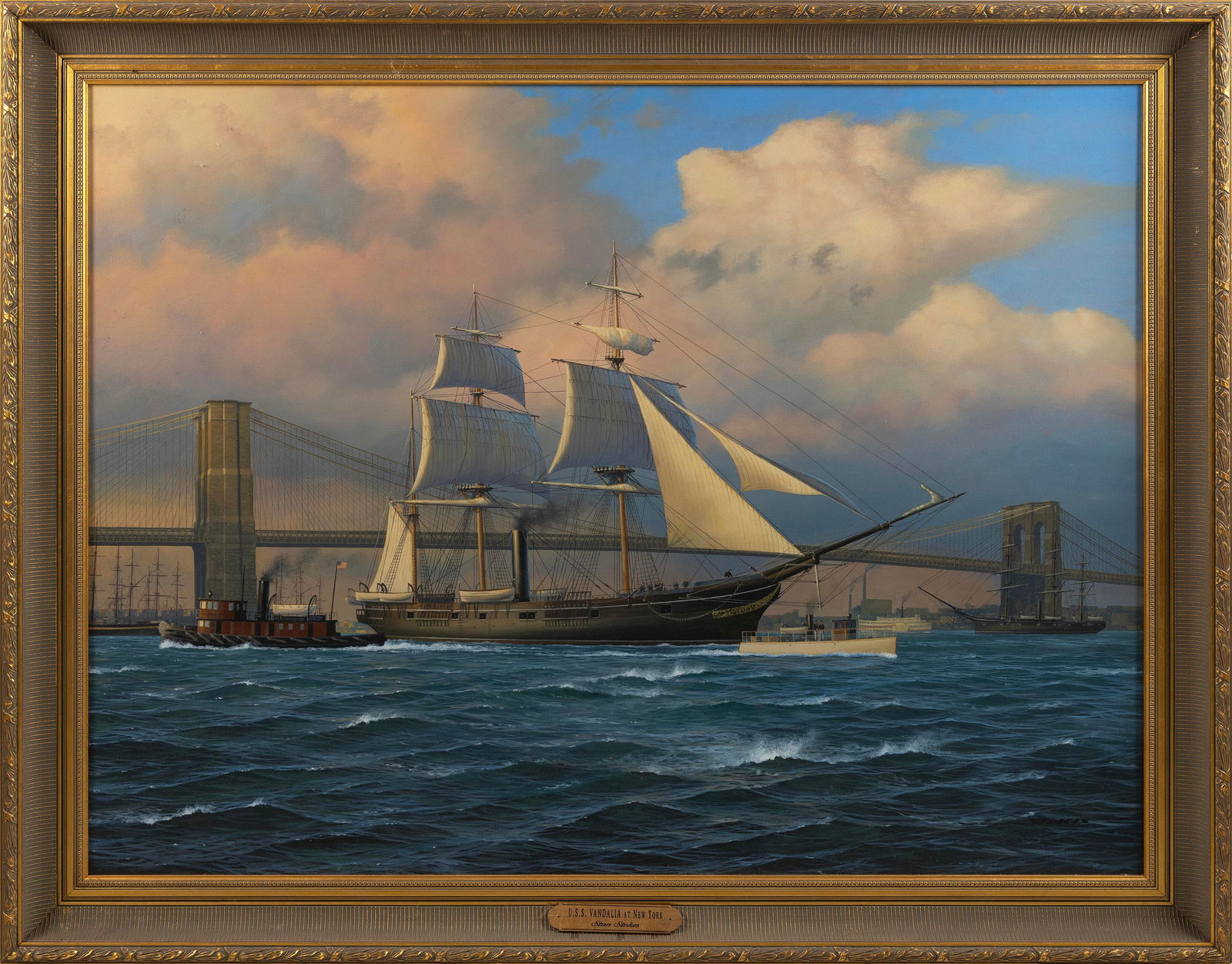 STAN STOKES (America, 1950-), "Vandalia-New York Harbor-Brooklyn Bridge"., Oil on canvas, 36" x 48". (1 of 3)