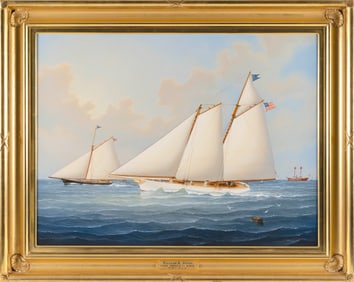 WILLIAM ROBERT DAVIS (Massachusetts, 1952-), "Yacht America vs. Maria May 1851", Oil on canvas, 26"