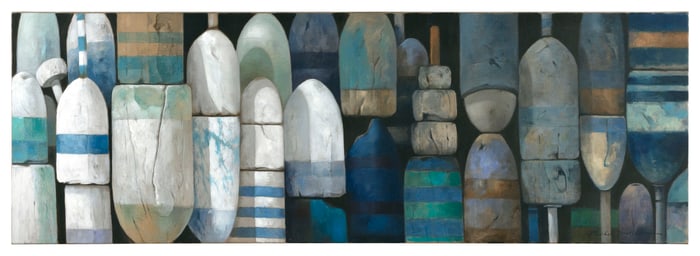 MICHEL BROSSEAU (France, Contemporary), "Menemsha Buoys"., Oil on linen, 19.5" x 59". Unframed.
