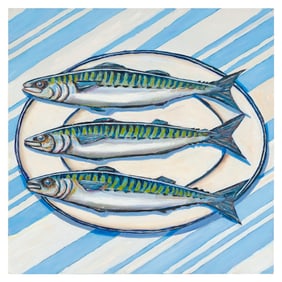 GEORGE MACHON (Massachusetts, Contemporary), "Plate of Mackerel"., Oil on panel, 13" x 13". Framed