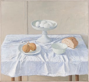 PETER PLAMONDON (Massachusetts/California, 1944-2020), Still life of eggs, bread and onions., Oil on