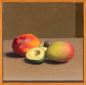 AMY WEISKOPF (California, 1957-), "Still Life with Avocado"., Oil on canvas, 11.75" x 11.75". Framed
