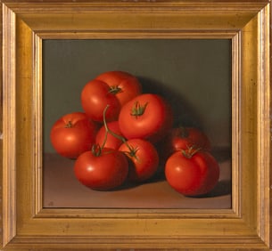 JEANNE DUVAL (New Hampshire/New York/Italy, 1956-), "Eight Tomatoes"., Oil on linen, 9" x 10".