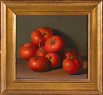 JEANNE DUVAL (New Hampshire/New York/Italy, 1956-), "Eight Tomatoes"., Oil on linen, 9" x 10".: JEANNE DUVALNew Hampshire/New York/Italy, 1956-"Eight Tomatoes". Signed lower left "JD". Titled on label verso for Contemporary Realist Gallery, San Francisco.Oil on linen, 9" x 10". Framed 13" x 14".