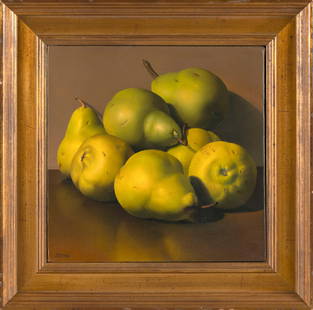 JEANNE DUVAL (New Hampshire/New York/Italy, 1956-), "Seven Pears"., Oil on canvas, 10" x 10". Framed: JEANNE DUVALNew Hampshire/New York/Italy, 1956-"Seven Pears". Signed lower left "J. Duval". Titled on label verso for Contemporary Realist Gallery, San Francisco.Oil on canvas, 10" x 10". Framed 14.5"