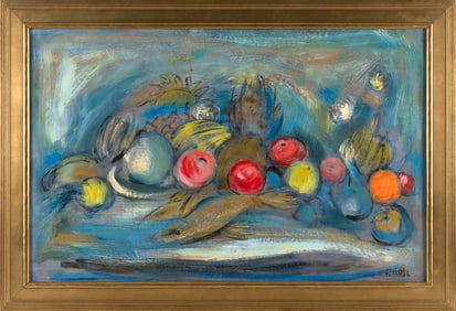 MARIUS BOSC (California, Contemporary), Still life of fruit and fish., Oil on board, 24" x 36".