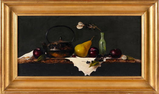 KATHERINE ANN HARTLEY (New York/Arizona/Massachusetts, 1959-), Still life of a pear, plums and a: KATHERINE ANN HARTLEYNew York/Arizona/Massachusetts, 1959-Still life of a pear, plums and a teapot. Signed mid-right "KAH".Oil on board, 12" x 24". Framed 19" x 30".