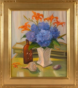 JOYCE GARDNER ZAVORSKAS (Massachusetts, 1945-), "Beach Bottle and Blue Hydrangea"., Oil on linen,