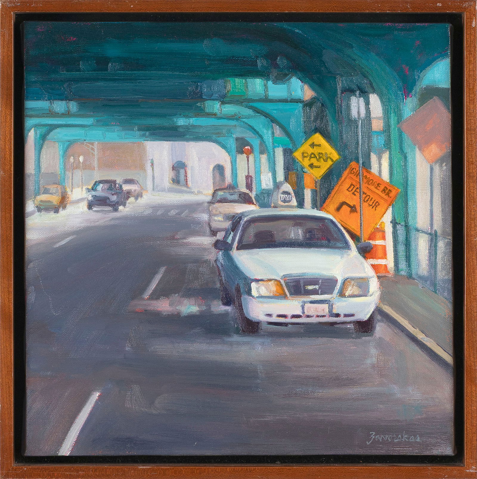 JOYCE GARDNER ZAVORSKAS (Massachusetts, 1945-), "Causeway Street"., Oil on linen, 12" x 12". Framed (1 of 2)