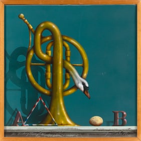 JAMES CARTER (Connecticut, 1948-), "The Nesting Theory #2"., Oil on canvas, 22" x 22". Framed 23" x