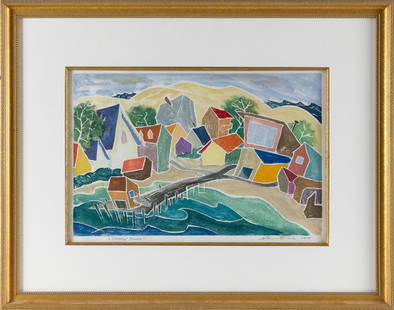 WILLIAM HARPER EVAUL (Massachusetts/New York, 1949-), "Dancing Houses"., White-line woodblock print,: WILLIAM HARPER EVAULMassachusetts/New York, 1949-"Dancing Houses". Signed and dated lower right "William Evaul 7.4.07". Titled lower left.White-line woodblock print, 12" x 18" sight. Framed 21" x 27"