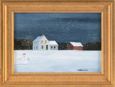 MARIELUISE HUTCHINSON (Massachusetts, 1947-), House, barn and snowman on a winter night., Oil on