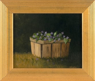 MARIELUISE HUTCHINSON (Massachusetts, 1947-), Basket of forget-me-nots., Oil on board, 8" x 10".