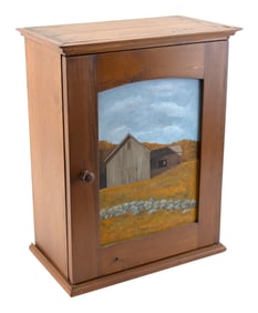 MARIELUISE HUTCHINSON (Massachusetts, 1947-), Small pine cupboard with oil painted decoration of a
