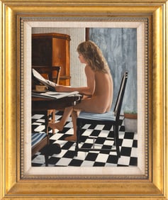 ROBERT K. ROARK (Massachusetts/New York, 1944-), The morning paper., Oil on canvas, 12" x 9". Framed