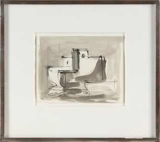 PAUL RESIKA (New York, 1928-), "Grey Boats"., Ink on paper, 6" x 7.5". Framed 13" x 14".