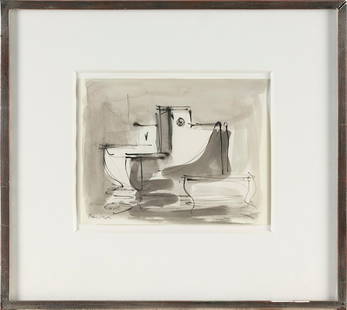 PAUL RESIKA (New York, 1928-), "Grey Boats"., Ink on paper, 6" x 7.5". Framed 13" x 14".: PAUL RESIKANew York, 1928-"Grey Boats". Signed lower left "Resika". Titled and dated 2000 on label verso for Berta Walker Gallery, Provincetown, Massachusetts. Housed in a frame by Rob DuToit, Provinc
