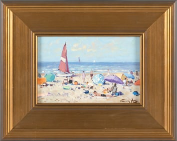 NIEK VAN DER PLAS (The Netherlands, 1954-), Beach scene., Oil on board, 6" x 9". Framed 11.5" x