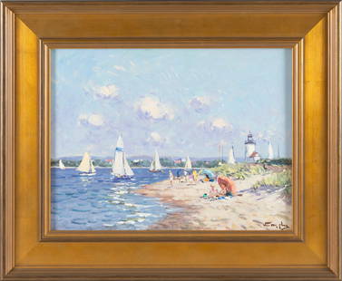 NIEK VAN DER PLAS (The Netherlands, 1954-), "Brant Point, Nantucket"., Oil on board, 13" x 17".: NIEK VAN DER PLASThe Netherlands, 1954-"Brant Point, Nantucket". Signed lower right "Van Der Plas". Titled verso.Oil on board, 13" x 17". Framed 19" x 23". Notes:Born in Leiden, The Netherlands, an