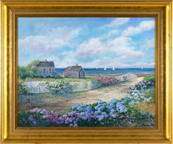 ROWENA ANDERSON (America, Contemporary), "Hydrangea Path"., Oil on canvas, 24" x 30". Framed 32" x