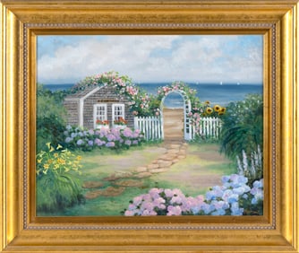 ROWENA ANDERSON (America, Contemporary), "Geranium Cottage"., Oil on canvas, 16" x 20". Framed 22" x