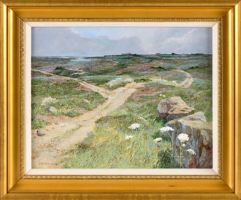 BETSY BENNETT (Massachusetts, 1928-2007), Path through the dunes., Egg tempera on board, 12" x 16".