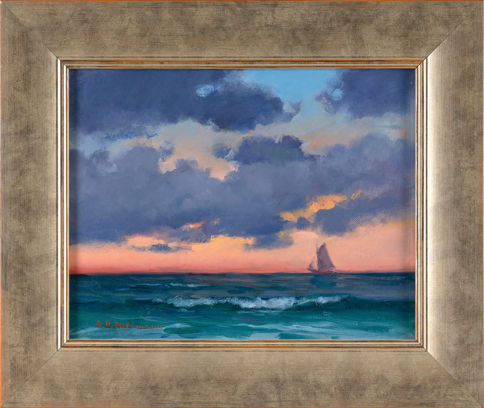 GARY DAVID HOFFMANN (Massachusetts/Michigan, 1947-), Sunset sail., Oil on board, 11" x 14". Framed: GARY DAVID HOFFMANNMassachusetts/Michigan, 1947-Sunset sail. Signed lower left "G.D. Hoffmann".Oil on board, 11" x 14". Framed 16" x 19".
