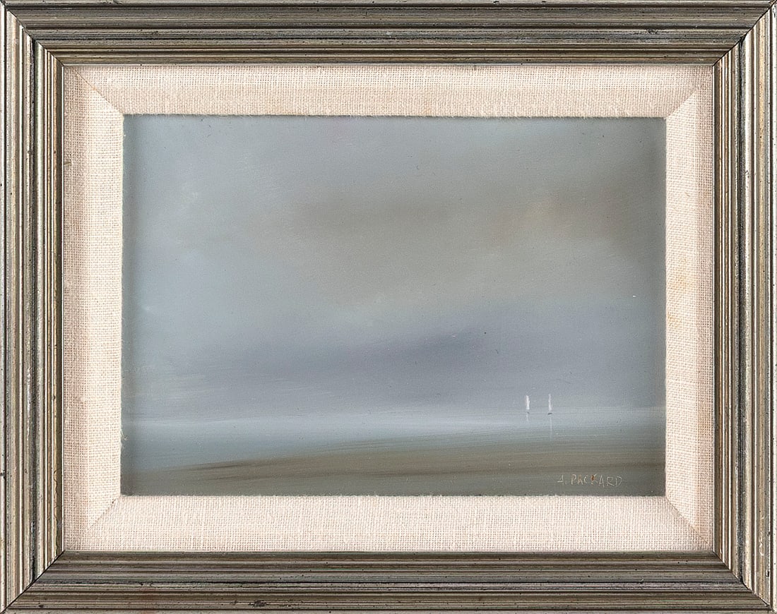 ANNE PACKARD (Massachusetts/New Jersey, 1933-), Sailboats on the horizon., Oil on panel, 5" x 7".: ANNE PACKARDMassachusetts/New Jersey, 1933-Sailboats on the horizon. Signed lower right "A. Packard".Oil on panel, 5" x 7". Framed 7.5" x 9.5".