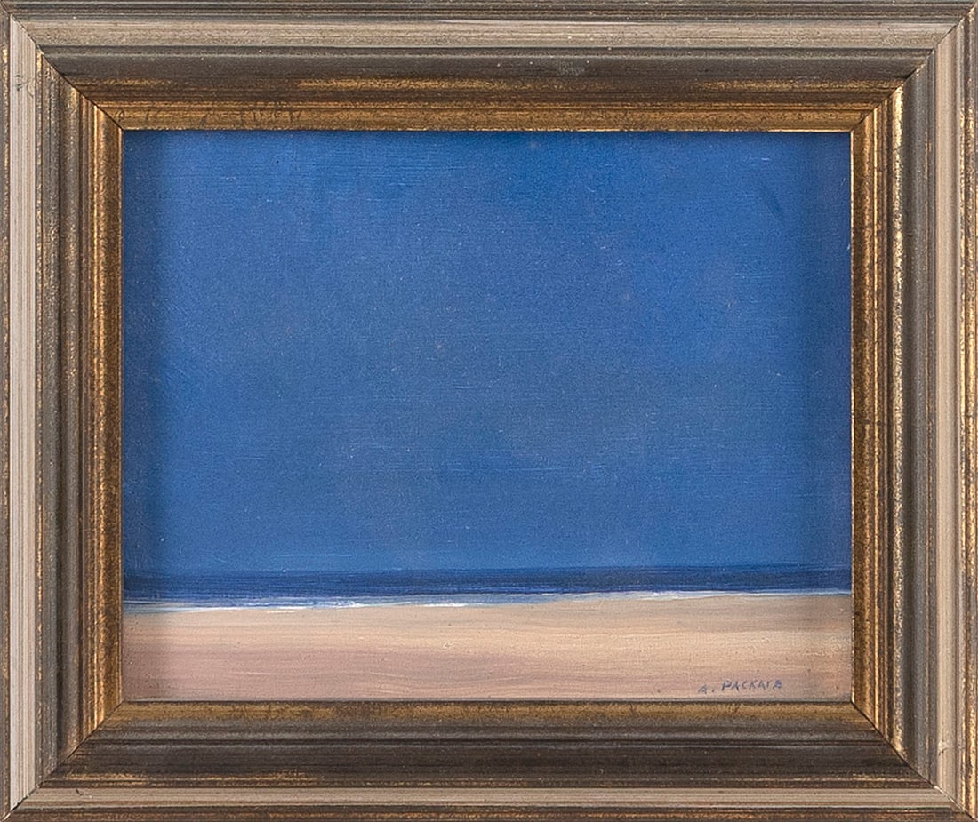 ANNE PACKARD (Massachusetts/New Jersey, 1933-), Blue sky., Oil on board, 4" x 5". Framed 5.25" x: ANNE PACKARDMassachusetts/New Jersey, 1933-Blue sky. Signed lower right "A. Packard". Old artist's label verso.Oil on board, 4" x 5". Framed 5.25" x 6.5".