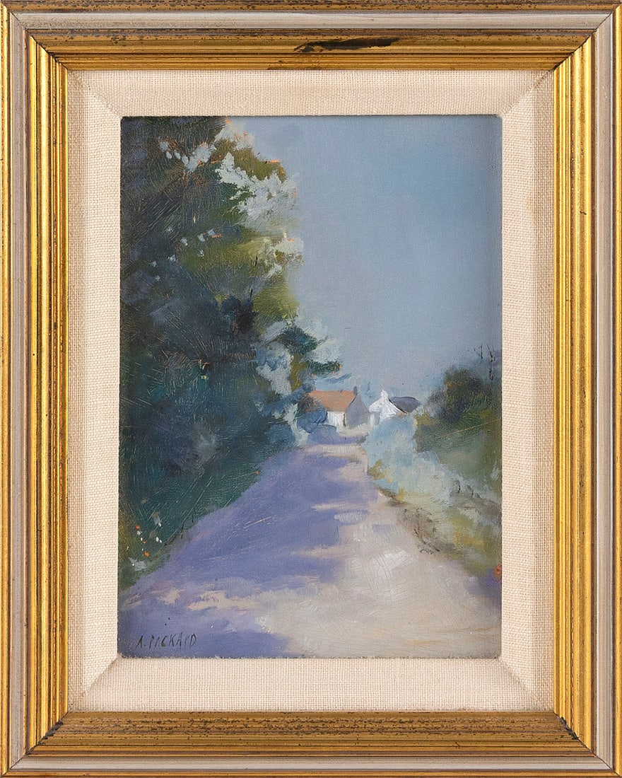 ANNE PACKARD (Massachusetts/New Jersey, 1933-), "Up the Road"., Oil on board, 5" x 7". Framed 9" x: ANNE PACKARDMassachusetts/New Jersey, 1933-"Up the Road". Signed lower left "A. Packard". Titled verso.Oil on board, 5" x 7". Framed 9" x 7.5".