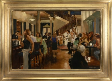 ELAINE G. COFFEE (Arizona/New Jersey, 1941-), "Happy Hour at Gordie's"., Oil on canvas, 24" x 36".