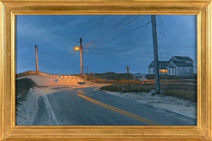 RYAN BLACK (Massachusetts, Contemporary), Moonlit road, probably Martha's Vineyard or Nantucket.,
