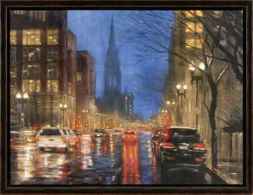 RYAN BLACK (Massachusetts, Contemporary), Nighttime, Boston., Oil on canvas, 18" x 24". Framed 20" x