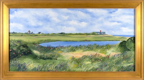 JEAN ANDERSON (America, Contemporary), Cape Cod coastal landscape., Oil on canvas, 24" x 48". Framed