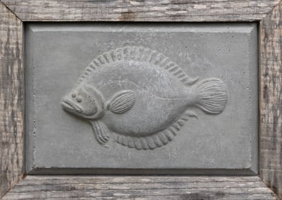 JON WIGREN (Massachusetts, Contemporary), Flounder bas relief., Concrete, 6.5" x 10". Framed 9" x