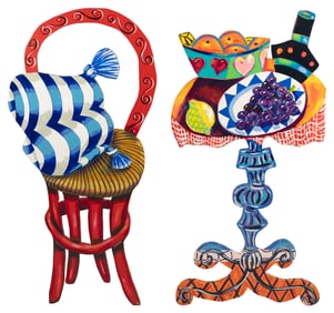 AMANDA WATT (Ireland/America, 1960-), "Breakfast Table" and "Thatched Chair"., Mixed medias on