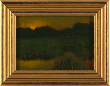 JOE WOJDAKOWSKI (Maine, 1972-), "Marsh Dusk"., Oil on masonite, 5" x 7". Framed 7" x 9".