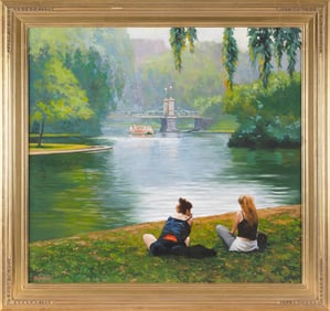 HARLEY BARTLETT (Rhode Island, 1959-), Yoga in Boston's Public Garden., Oil on canvas, 33" x 35".