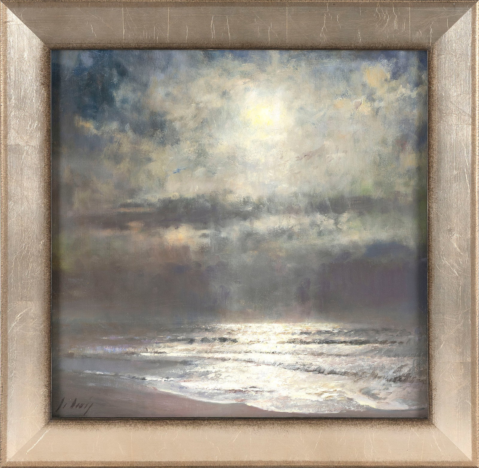 JULYAN DAVIS (North Carolina/England, Contemporary), Sunlight over the sea., Oil on panel, 16" x: JULYAN DAVIS North Carolina/England, Contemporary Sunlight over the sea. Signed lower left "J. Davis". Oil on panel, 16" x 16". Framed 20" x 20".