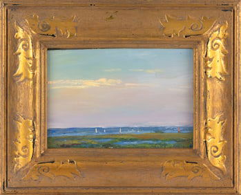 KEVIN J. SHEA (Massachusetts, Contemporary), "Sails and Distant Shore"., Oil on board, 5.5" x 8".