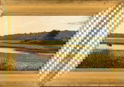 SERGIO ROFFO (Massachusetts/Italy, 1953-), Catboat in a marsh., Oil on canvas, 18" x 30". Framed