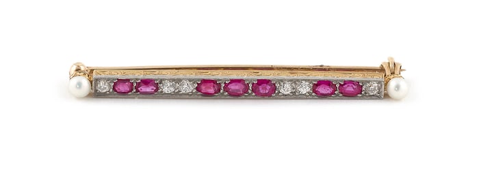14KT WHITE AND YELLOW GOLD, DIAMOND, RUBY AND PEARL BAR PIN Approx. 2.9 total dwt.