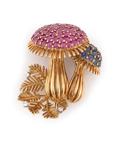 18KT YELLOW GOLD, RUBY, SAPPHIRE AND DIAMOND PIN Approx. 13.7 total dwt.
