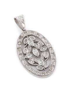 CUSTOM 14KT WHITE GOLD AND DIAMOND PENDANT Approx. 6.4 total dwt.: CUSTOM 14KT WHITE GOLD AND DIAMOND PENDANTWith 13 small marquise-cut diamonds, 19 small square-cut diamonds and two small marquise-cut diamonds, approx. 3.00 ctw. Approx. 25.0 x 49.0mm.Approx. 6.4 tot