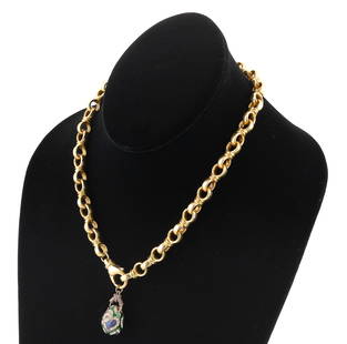 18KT YELLOW GOLD HEAVY LINK CHAIN WITH GOLD-FILLED PENDANT Chain approx. 39.4 dwt.: 18KT YELLOW GOLD HEAVY LINK CHAIN WITH GOLD-FILLED PENDANTGold-filled enameled Faberg?-style egg pendant. Chain with lobster claw clasp. Width approx. 10.0mm. Length 17".Chain approx. 39.4 dwt.