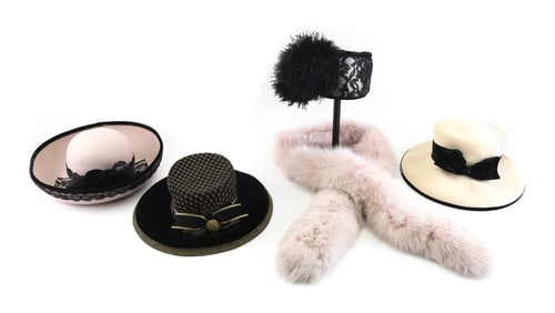 FIVE KOKIN ACCESSORIES New York, Circa 1980s/2000s Hat rim diameters from 8" to 14". Stole length