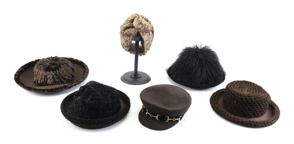 FIVE WINTER HATS AND A HEAD WRAP BY KOKIN New York, Circa 1990s Rim diameters from 10" to 14".
