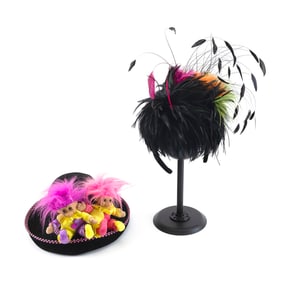 TWO ECCENTRIC HEADPIECES BY KOKIN New York, 1980s/2000s Diameters 10" and 11".